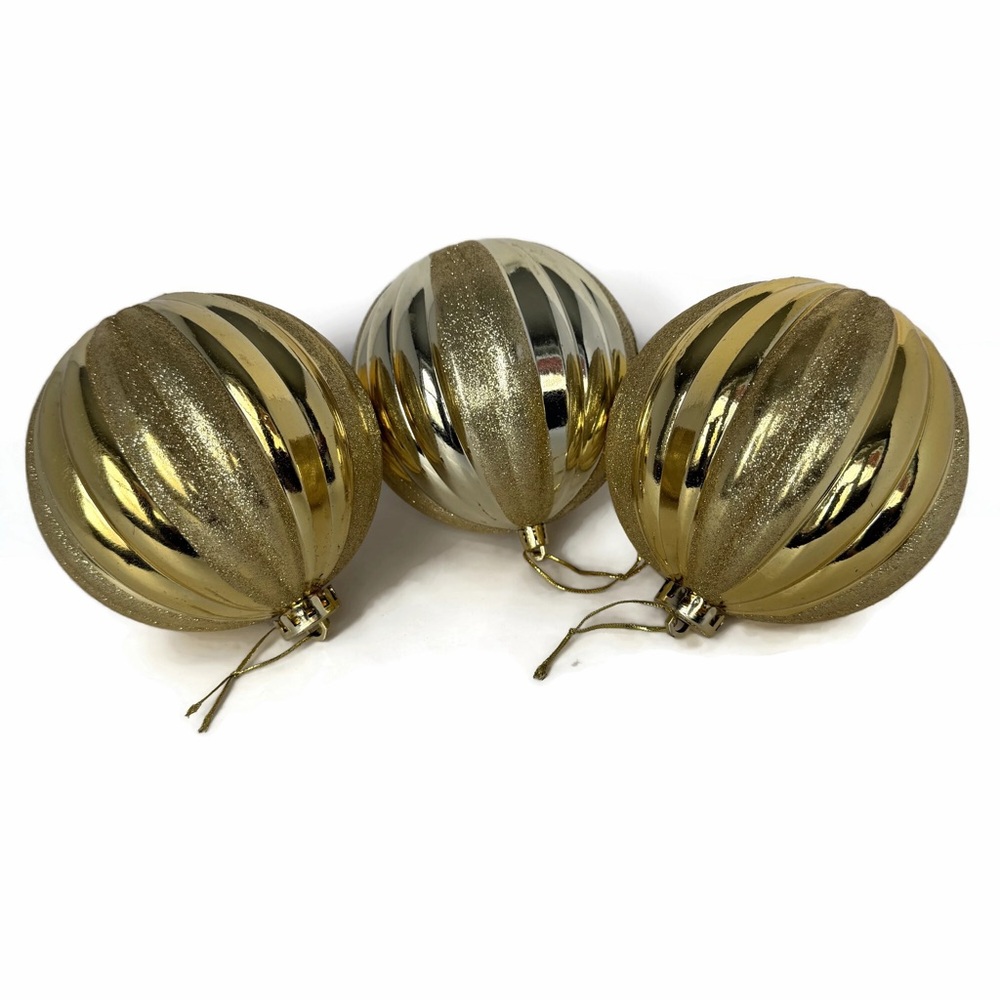 Gold Jumbo Glitter and Metallic Striped Holiday Ornaments Lot of 3